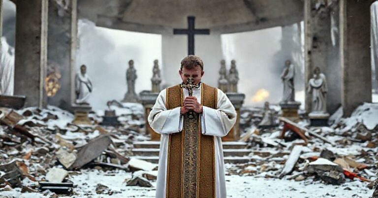 Tradycyjny ksiądz katolicki w szatach liturgicznych modli się w zniszczonym kościele na Ukrainie po rosyjskim ataku. Scena symbolizuje brak duchowego przywództwa i potrzebę publicznego poświęcenia dla Chrystusa Króla.