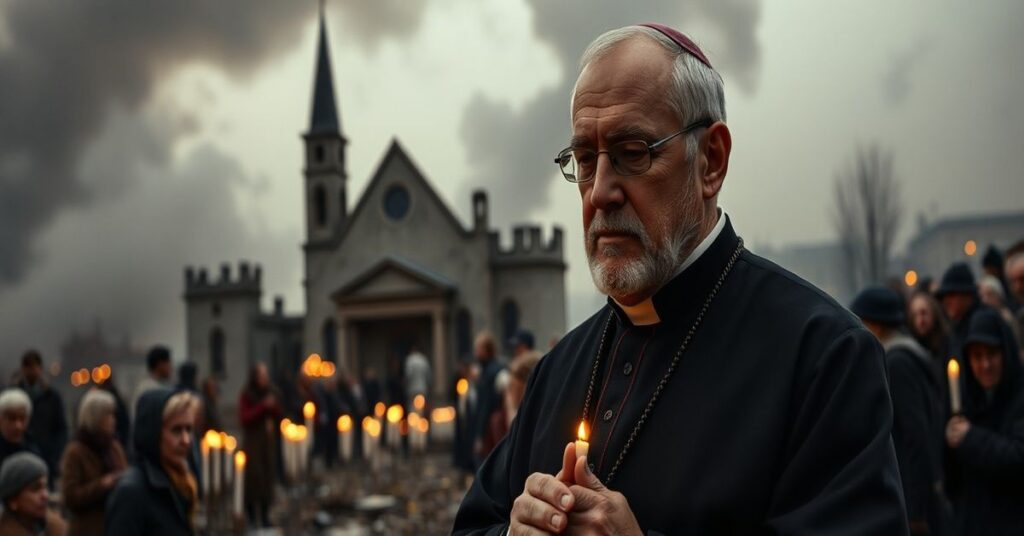 Papież w tradycyjnych szatach modli się w ruinach zbombardowanej kościoła na Bliskim Wschodzie przed tłem eksplozji i zranionych cywilów.