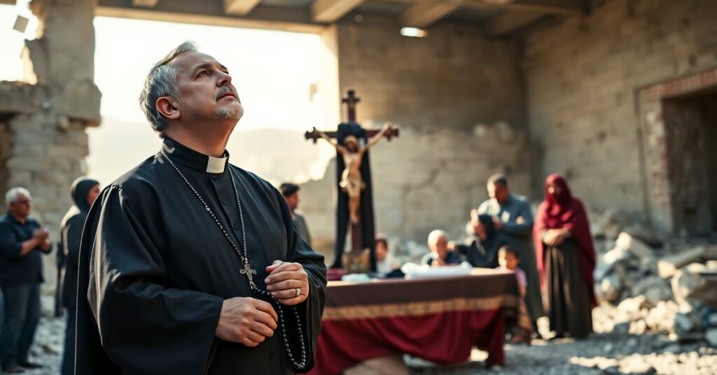 Ksiądz w sutannie modli się w ruinach Gaza przed uczęszczającym altarzem z krzyżem