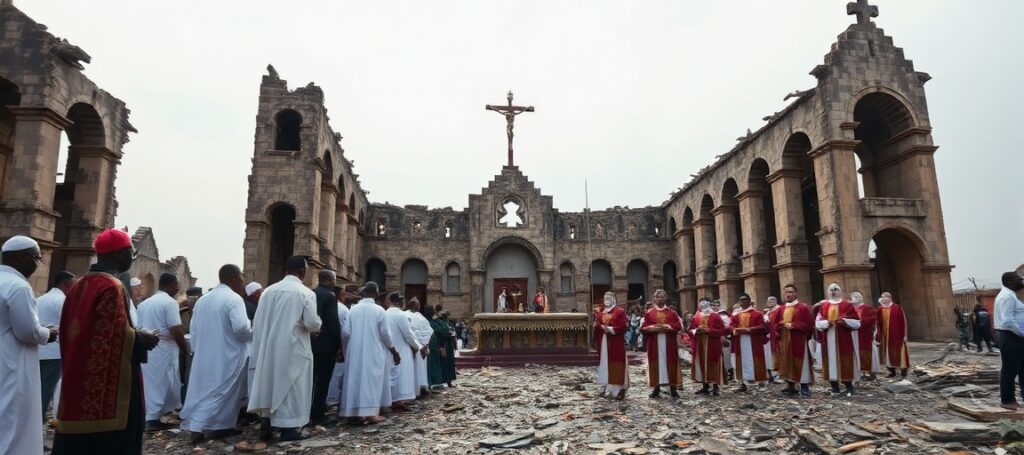 Grupa wiernych modli się w ruinach katedry Najświętszej Maryi Panny w Wukari po ataku band Fulani