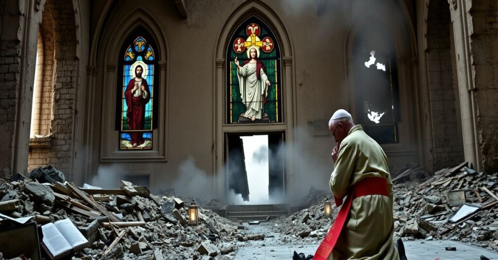 Kapelan w tradycyjnym stroju modli się w ruinach kościoła w Libanie podczas wojny Izraela z Hezbollahem. Scena symbolizuje tragikę 912 ofiar śmiertelnych.