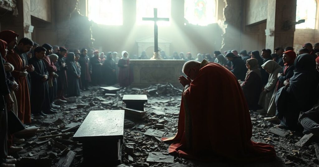 Katolicki kapłan modli się w zniszczonym kościele w Libanie wśród przesiedlonych rodzin