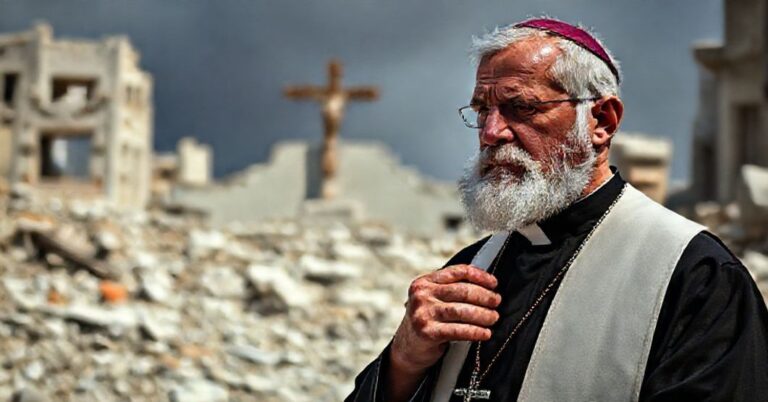 Ksiądz katolicki modlący się w ruinach Strefy Gazy