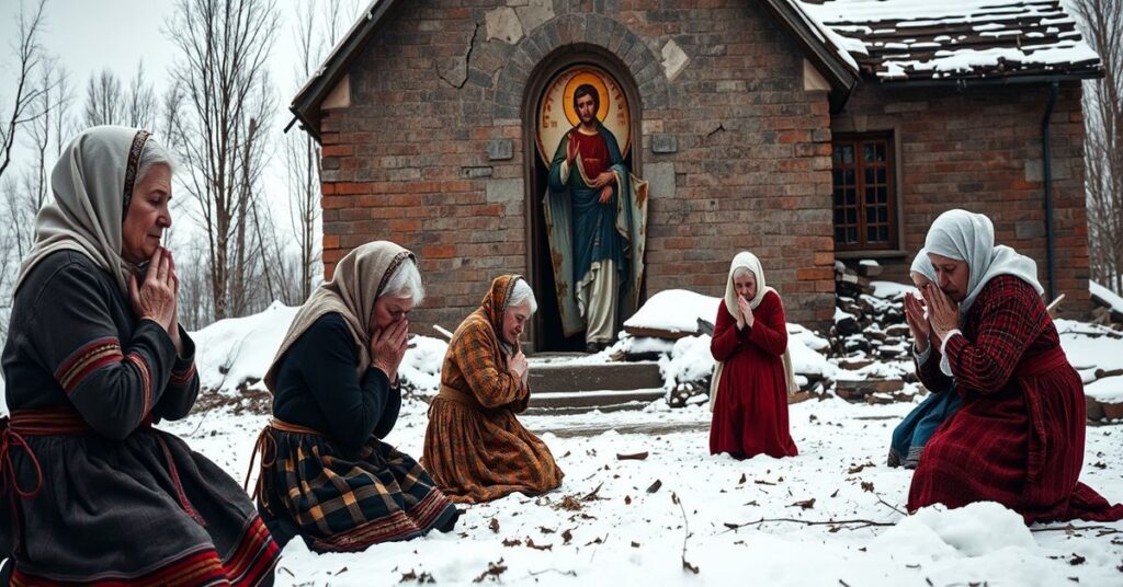 Stare kobiety ukraińskie modlą się w ruinach kościoła w czasie wojny