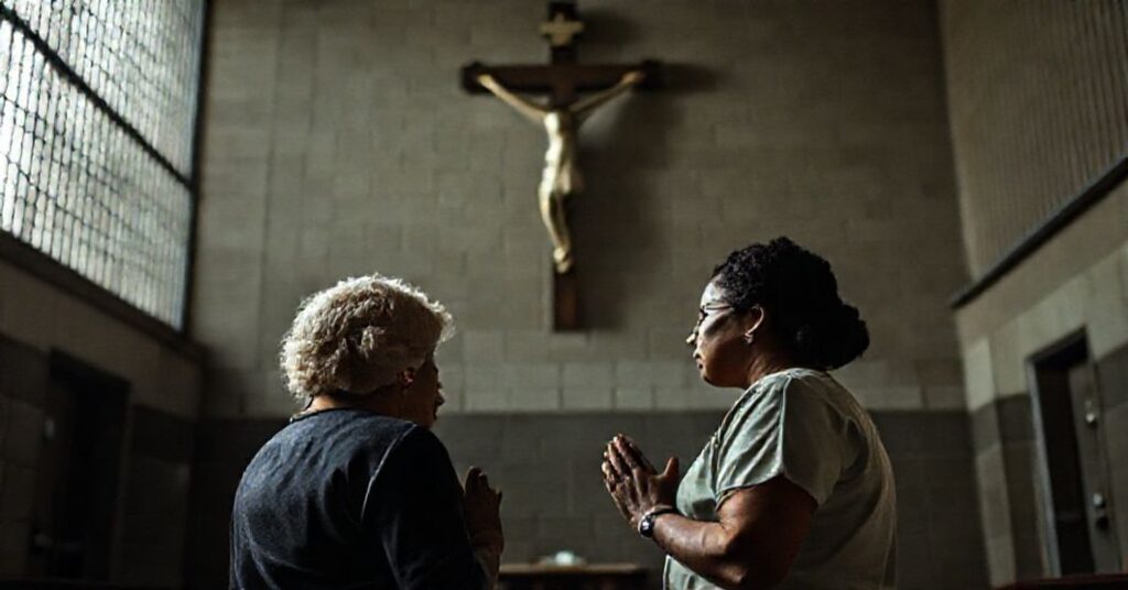 Dwie kobiety modlące się w kaplicy właśnięcej w Teksasie, pod krzyżem z Jezusa Chrystusa