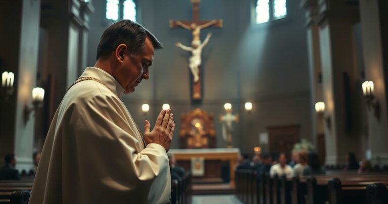 Katolicki kapłan modlący się w tradycyjnym kościele przy krzyżu i ołtarzu, wywołujący poczucie wiary i nadziei w obliczu tragedii