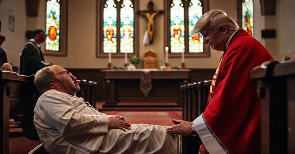 Mark Crosby i Donald Trump w tradycyjnym kościele katolickim podczas modlitwy po brutalnym atakcie.