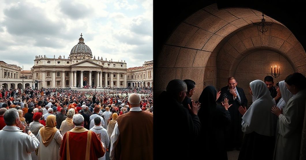 Scena modlitwy na Placu Św. Piotra w Watykanie z fałszywym papieżem i figurą Matki Bożej z Fatimy w tle, a w podziemnej kaplicy sedewakantystów modlący się różańcem.