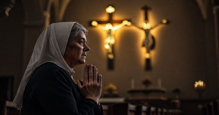 Kobieta modląca się przed krzyżem w ciemnym wnętrzu kościoła, symbolizująca niesprawiedliwość wobec Weroniki Krawczyk.