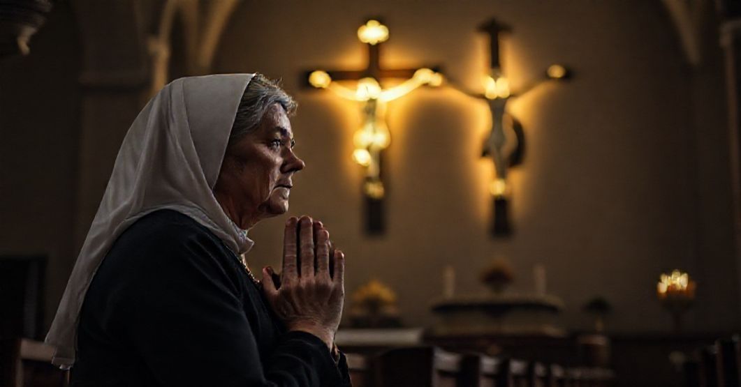 Kobieta modląca się przed krzyżem w ciemnym wnętrzu kościoła, symbolizująca niesprawiedliwość wobec Weroniki Krawczyk.