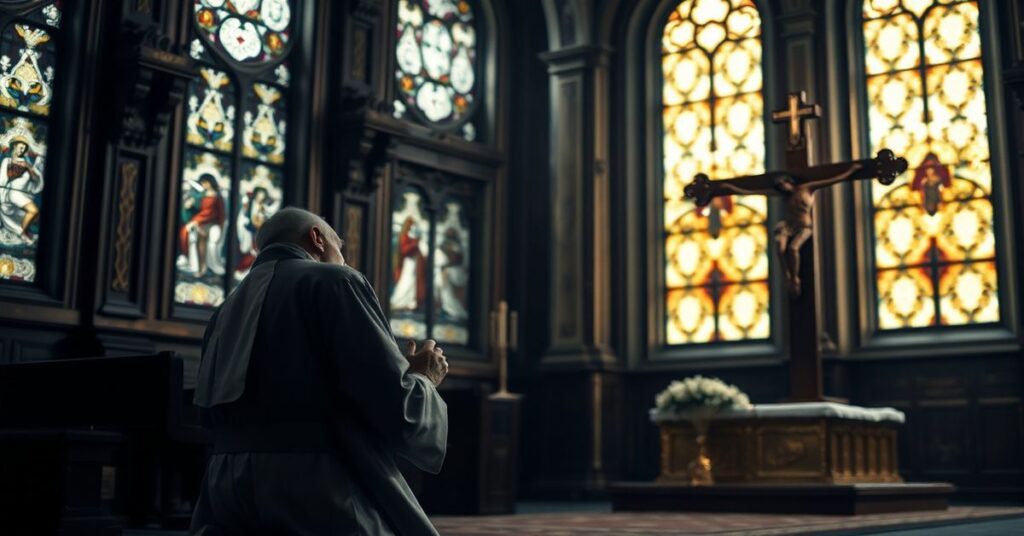 Kobieta w tradycyjnym habitcie modli się przed krzyżem w ciemnym kościele podczas Wielkiego Tygodnia