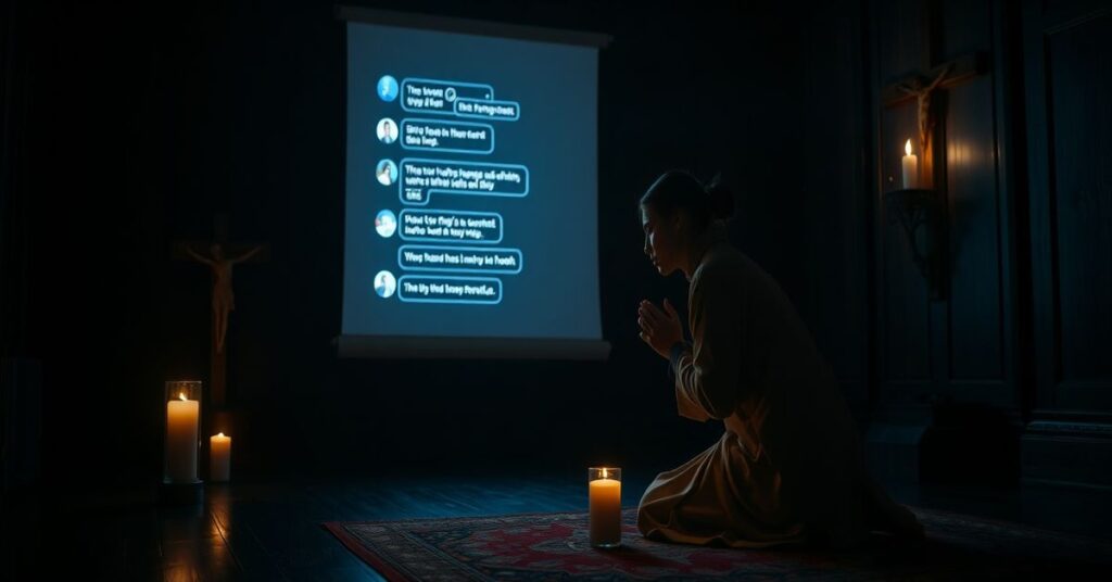 Osoba modląca się w ciemnym pokoju przy świecy i krzyżu, z widocznym ekranem chatbota w tle.