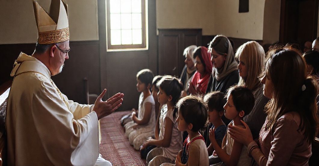 Modlitwa zbiorowa rodziców z dziećmi autystycznymi w kościele katolickim pod przewodnictwem kapłana