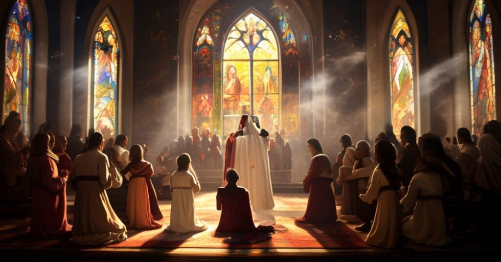 Modląc się w kaplicy za Ajike Owens i ofiarami współczesnego upadku moralnego. Scena ukazuje tradycyjny katolicki zbór z kapłanem w ornacie prowadzącym modlitwę.