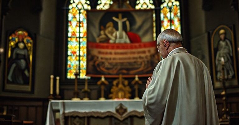 Biskup modlící się w stosunku do tradycyjnego ołtarza przed tłem męczenników chrześcijańskich w neo-komunistycznym prześladowaniu