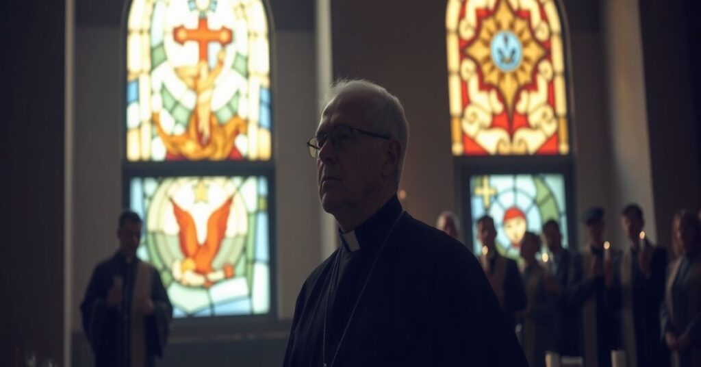 Zdjęcie przedstawiające ks. Franciszka Blachnickiego i bp Krzysztofa Włodarczyka podczas modlitwy w intencji beatyfikacji. Scena ma melancholijny i poważny charakter.