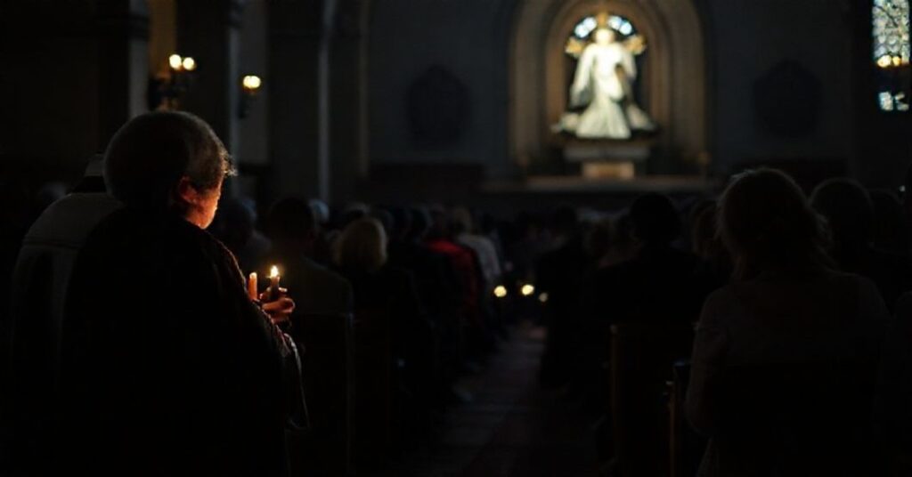 Sobótna modlitwa w kościele z rzeźbą Najświętszego Serca Pana Jezusa w tle