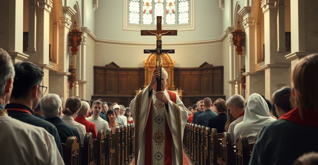 Modlitwa za duszę Charliego Kirka w kościele katolickim Rewerentna scena kościoła katolickiego z kapłanem i wiernymi w modlitwie za duszę Charliego Kirka, ukazująca powagę i duchowe skupienie