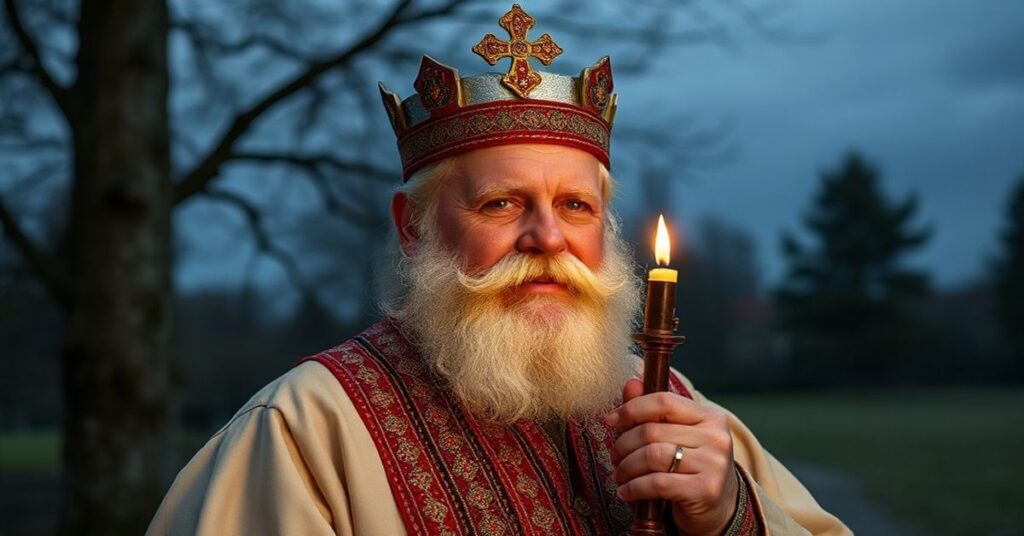 Stara kobieta modli się w tradycyjnym kościele katolickim, otoczona świecami i obrazami świętych.