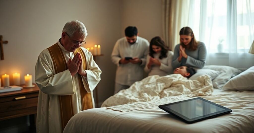 Ksiądz w tradycyjnych ornatach modli się przy łóżku chorego, w tle rodzina modli się razem. Pokój jest delikatnie oświetlony świecami, co podkreśla duchową pobożność.