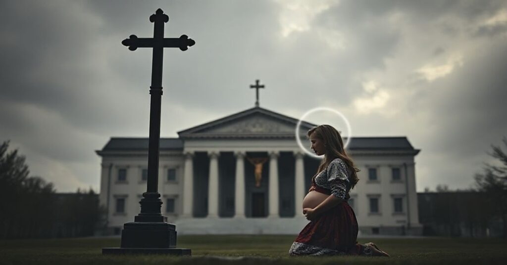 Kobieta w modlitwie przed krucyfiksem z cieniastym obrazem Europejskiego Trybunału Praw Człowieka w tle