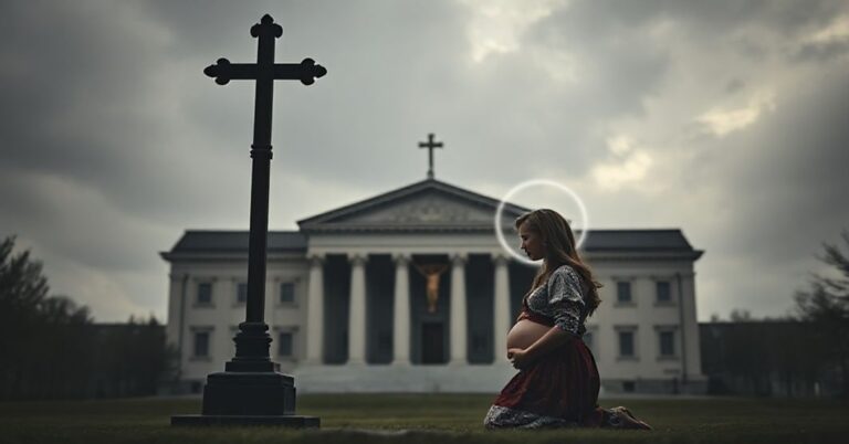Kobieta w modlitwie przed krucyfiksem z cieniastym obrazem Europejskiego Trybunału Praw Człowieka w tle