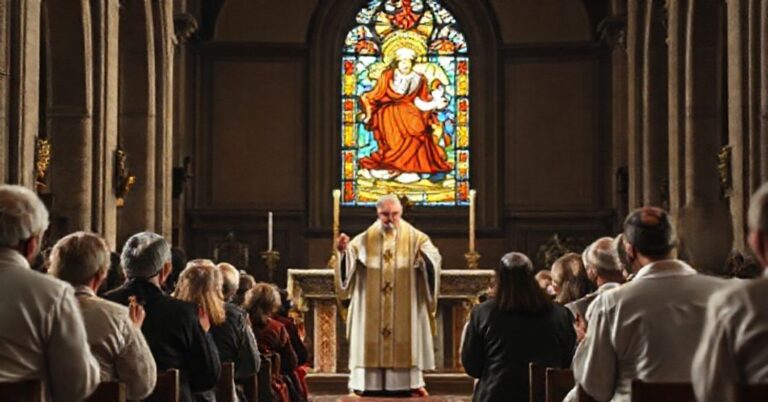 Tradycyjna katolicka modlitwa za chrześcijańskie królestwo w kościele z oknem przedstawiającym Chrystusa Króla.