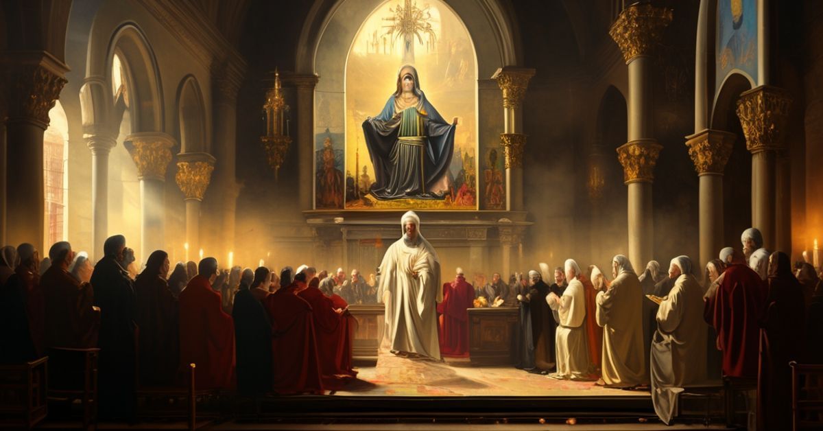 Tradycyjna katolicka modlitwa za chrześcijańskie królestwo w kościele z oknem przedstawiającym Chrystusa Króla.