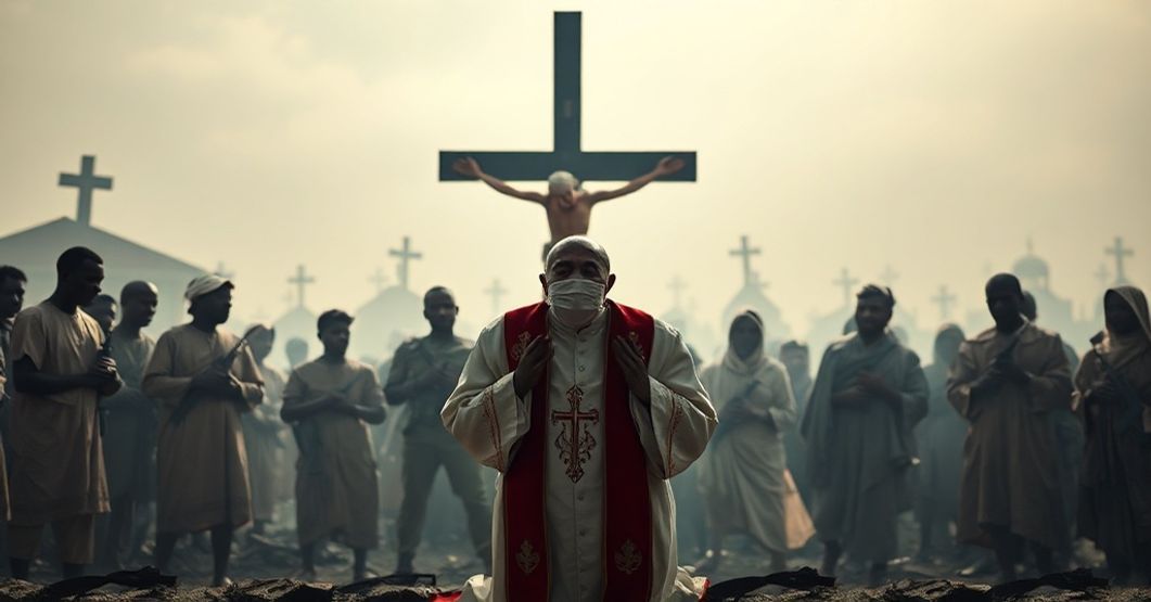 Sobieżny katolicki ksiądz w tradycyjnych paramentach modli się przed krzyżem wraz z cierpiącymi chrześcijanami nigeryjskimi na tle zniszczonych kościołów.