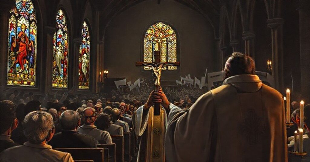 Tradycyjny wnętrze kościoła z gorliwą modląca się congregacja i kapłan trzymający krucyfiks