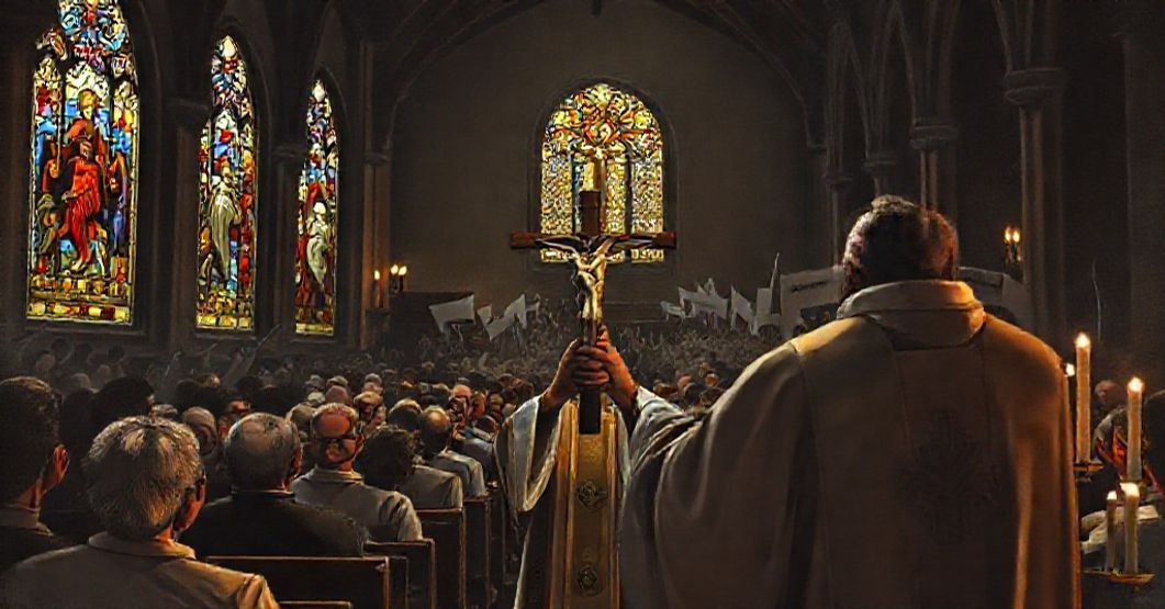Tradycyjny wnętrze kościoła z gorliwą modląca się congregacja i kapłan trzymający krucyfiks
