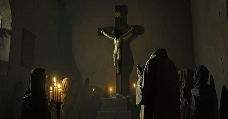 Szczeroznaczny obraz przedstawiający prześladowanie katolickich wspólnot w Sudanie, z modlącym się księdzem w ubogiej kaplicy.