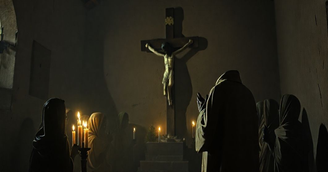 Szczeroznaczny obraz przedstawiający prześladowanie katolickich wspólnot w Sudanie, z modlącym się księdzem w ubogiej kaplicy.