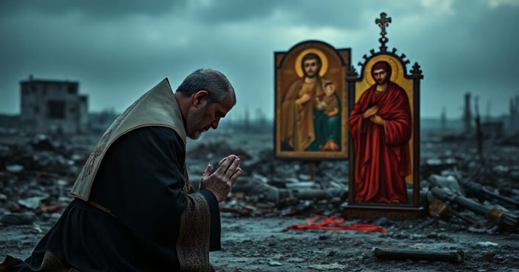 Tradycyjny katolicki ksiądz w szatach liturgicznych modli się przed ikoną Matki Bożej Hodegetrii na tle zniszczonego Donbasu, symbolizując duchowy kryzys świata bez Chrystusa Króla