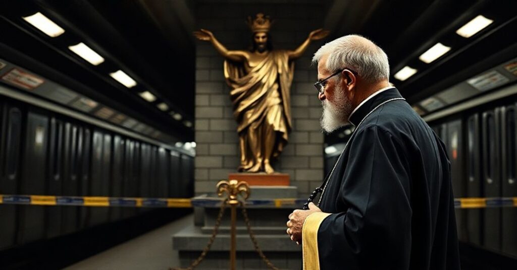 Stary katolicki ksiądz w sutannie i ornaty modli się za duszę zamordowanego Nicola Tanziego przed posągiem Chrystusa Króla na tle stacji metra.