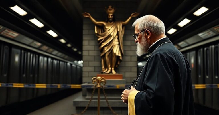 Stary katolicki ksiądz w sutannie i ornaty modli się za duszę zamordowanego Nicola Tanziego przed posągiem Chrystusa Króla na tle stacji metra.