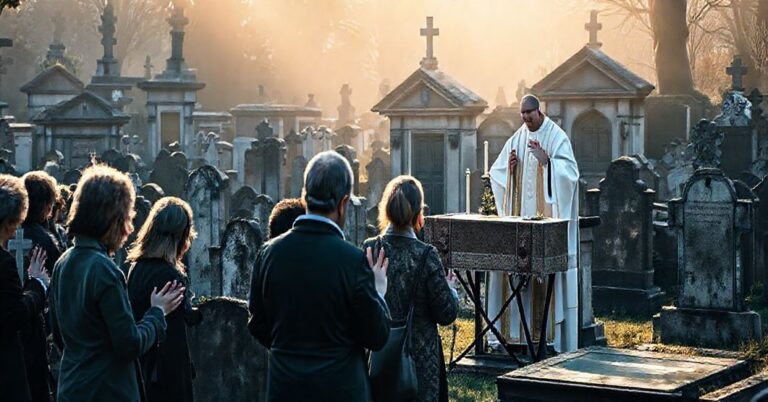 Grupa wierzących modli się na starym katolickim cmentarzu, z kapłanem odprawiającym Mszę Świętą za dusze czyśćcowe.