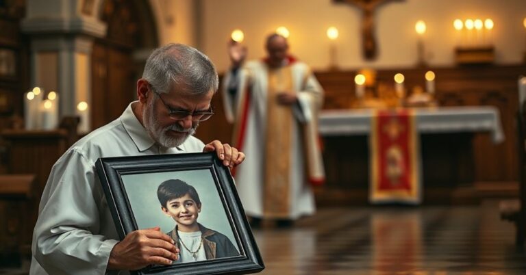 Tradycyjny katolicki scenariusz z rodzeństwem modlącym się za duszę zmarłego dziecka w kościele