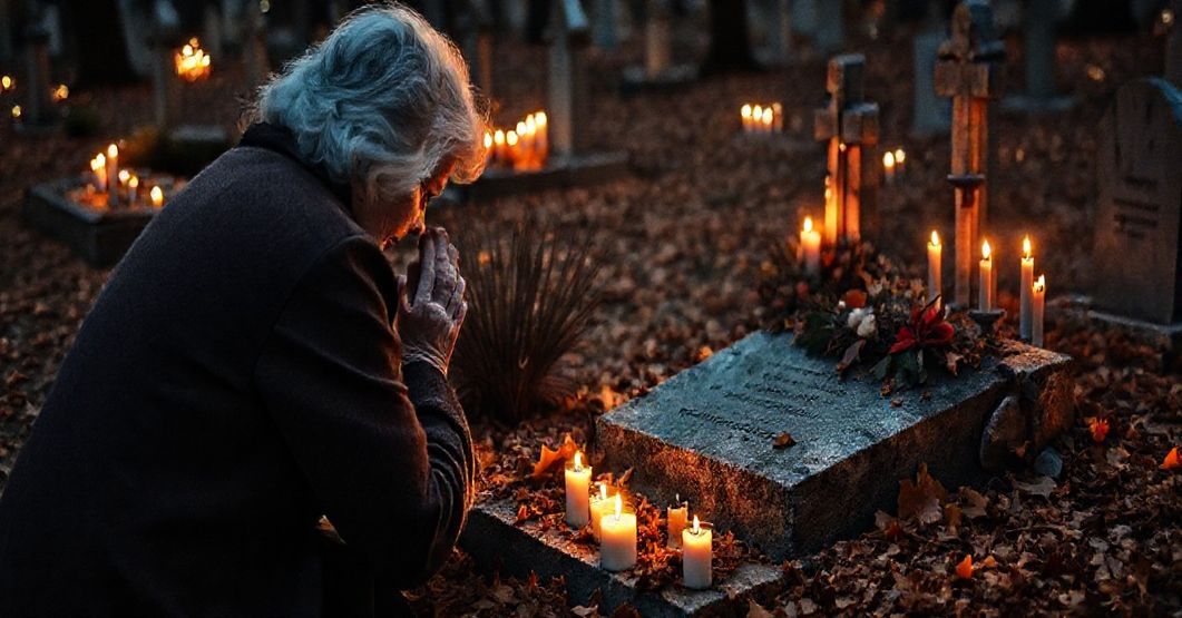 Staruszka modli się przy grobie na cmentarzu z pogrążonym w modlitwie wyrazem twarzy, otoczona tradycyjnymi świekami i naturalnymi dekoracjami w czasie Dnia Zadusznego.