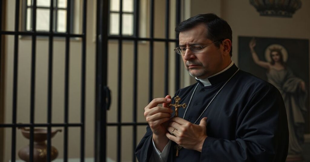 Portret katolickiego kapłana w tradycyjnych szatach liturgicznych stojącego przed bramą więzienia z krzyżem w ręku i modlącego się za duszę Joana Vili Dilmé, hiszpańskiego seryjnego mordercy