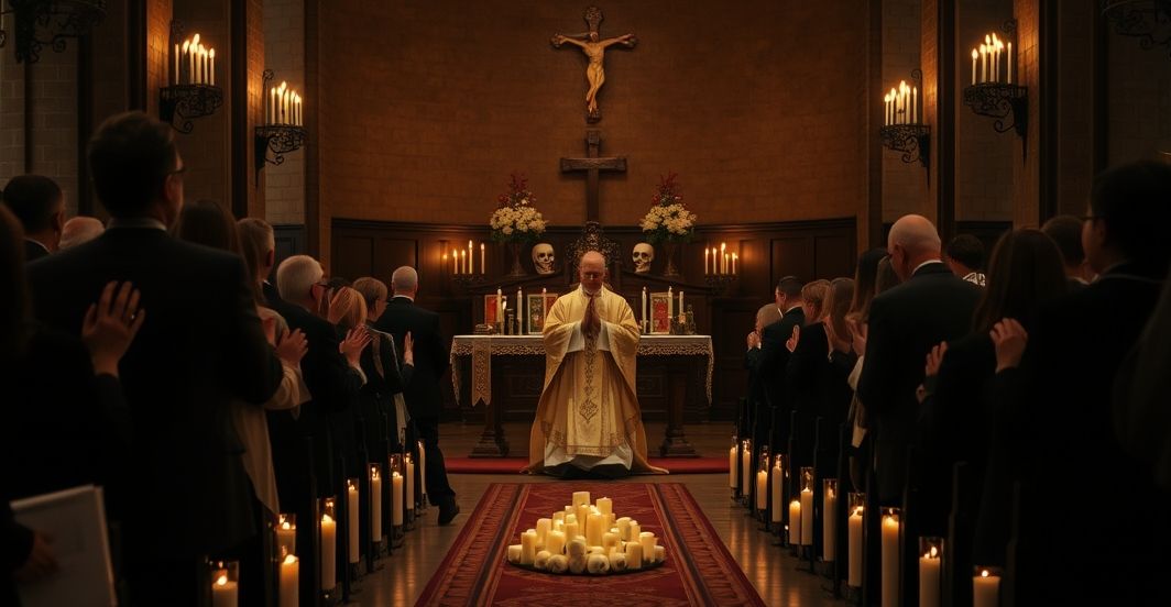 Ciemna kaplica katolicka z kapłanem w tradycyjnych szatach, modlącym się za dusze w czyściu, otoczony niewiastami i mężczyznami w żałobie, przy stole ofiarowym zdobiącym czaszki i krzyże.