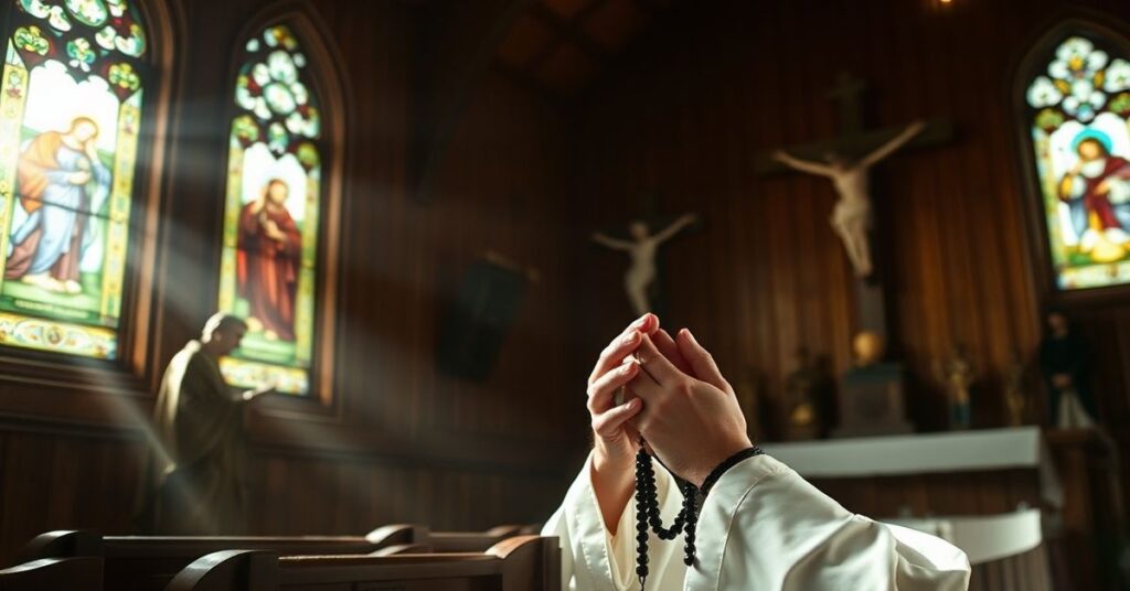 Ksiądz modli się różańcem w tradycyjnym kościele za duszę 58-letniej kobiety z Płonnej po tragicznej śmierci w ataku niedźwiedzia.