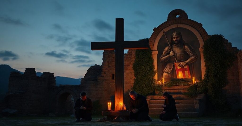 Sobór Twierdzy Golubac w zachodniej światło wieczory; katolicka modlitwa przed krzyżem z wizerunkiem Zawiszy Czarnego