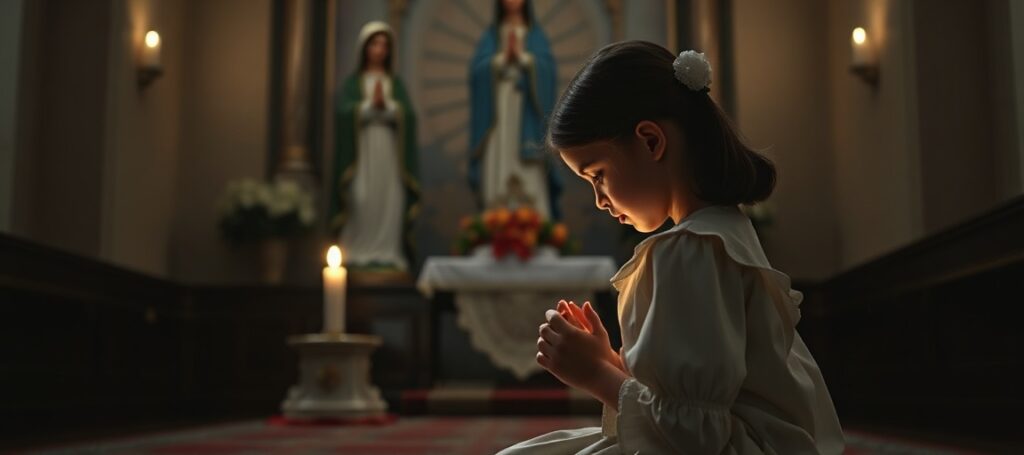 Młoda dziewczyna w tradycyjnym stroju katolickim modli się przed figurą Matki Bożej w kościele, symbolizując tragikę uchylenia prawa o powiadamianiu rodziców o aborcjach nieletnich w Nevadzie.