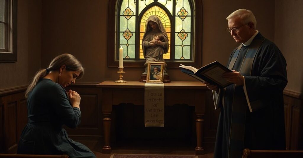 Obraz przedstawiający katolicką matkę modlącą się w kaplicy przed rzeźbą Maryi z Dzieciątkiem Jezus w tle po zabójstwach dzieci nieurodzonych w Indianie