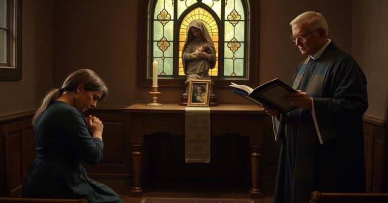 Obraz przedstawiający katolicką matkę modlącą się w kaplicy przed rzeźbą Maryi z Dzieciątkiem Jezus w tle po zabójstwach dzieci nieurodzonych w Indianie