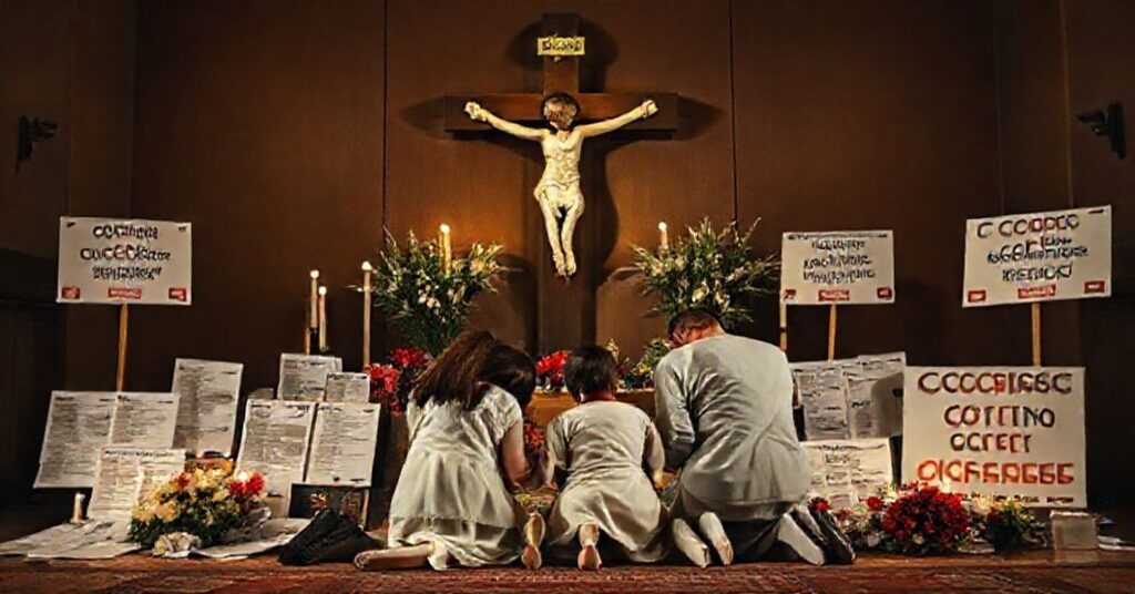 Kobieta modląca się przed krzyżem z dzieckiem w tle, obok dokumenty mędyczne i plakaty protestujące przeciwko szczepieniom COVID-19