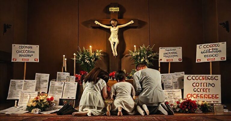 Kobieta modląca się przed krzyżem z dzieckiem w tle, obok dokumenty mędyczne i plakaty protestujące przeciwko szczepieniom COVID-19