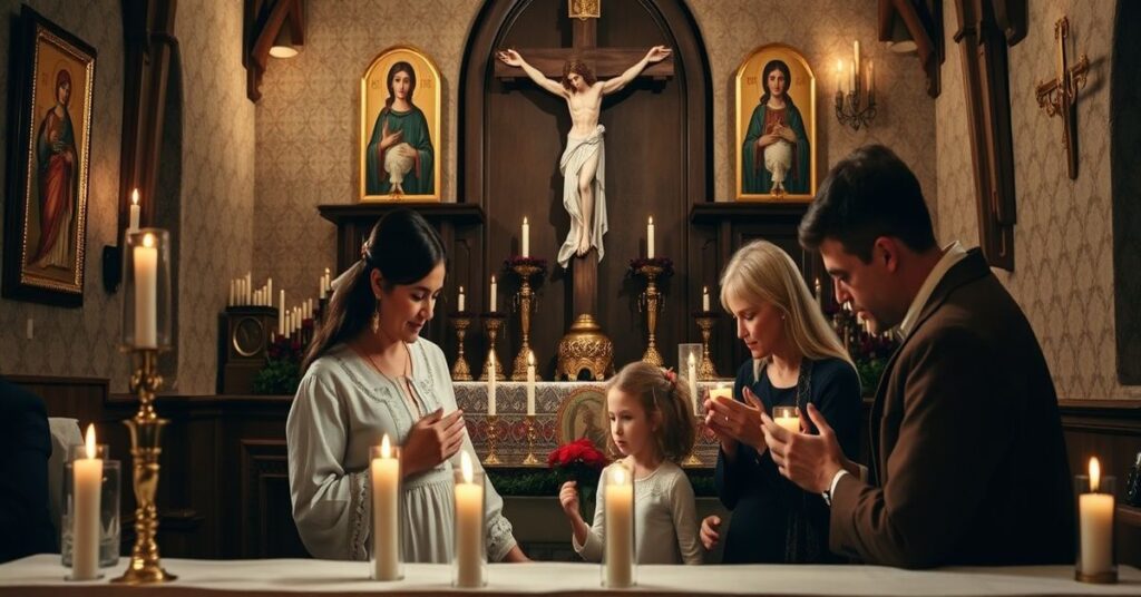 Tradycyjna katolicka rodzina modli się w kaplicy za ochronę życia dzieci poczętych