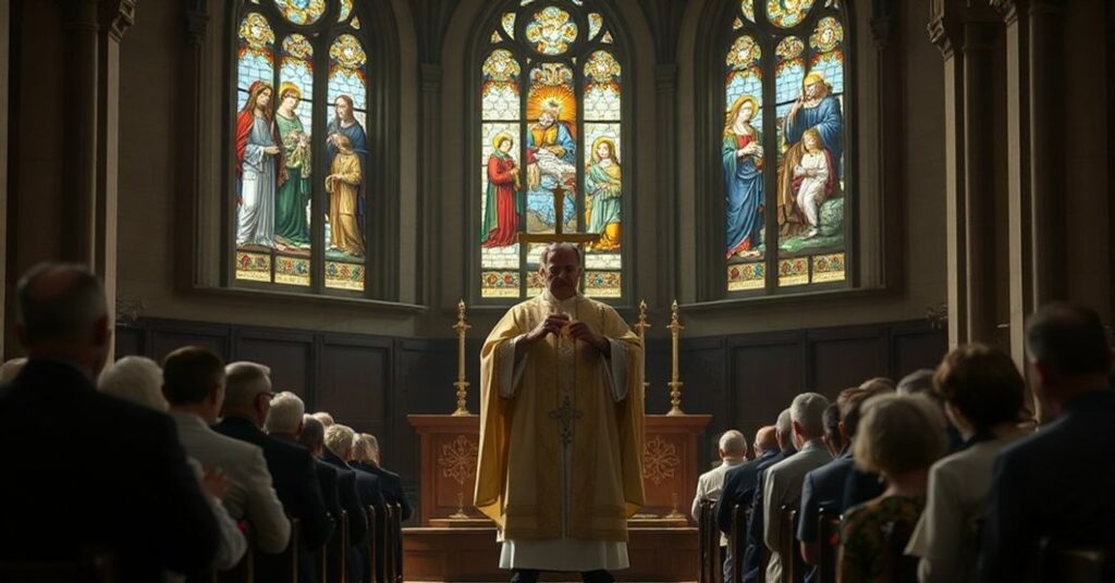 Wnętrze kościoła katolickiego z księdzem trzymającym Najświętszy Sakrament przed skupionymi w modlitwie rodzicami i dziećmi.